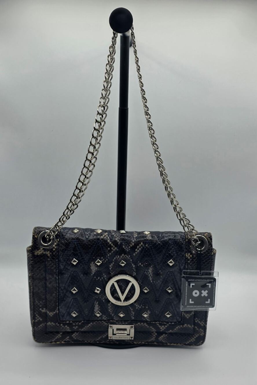 Valentino Snake Embossed Quilted Studded Chain Shoulder Bag Blue Gray Leather